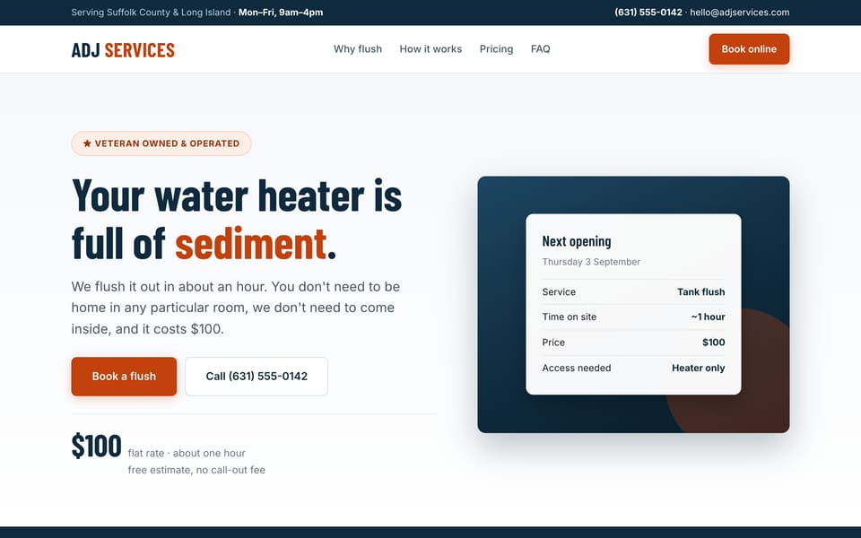 ADJ Services homepage — water heater flushing, pricing, and online booking