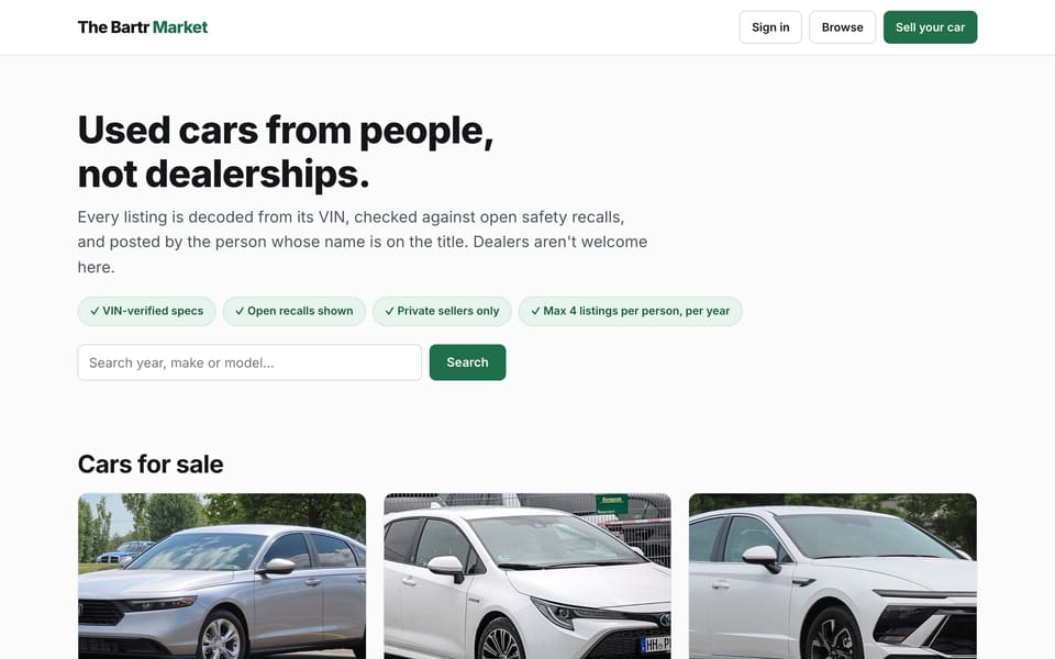 The Bartr Market homepage — private-seller used car listings with VIN-verified specifications